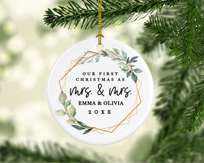 Andaz Press Personalized Our First Christmas As Mrs. & Mrs. 2025 Christmas Ornaments Geometric Greenery 2.8" Round Porcelain Ceramic Lesbian Married Couple Gay Women Newlyweds Wedding Keepsake 1-Pack
