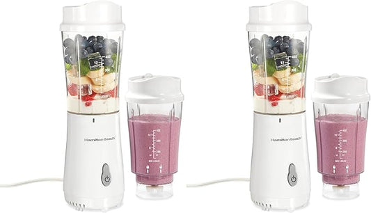 Hamilton Beach Portable Blender for Shakes and Smoothies,14 Oz BPA Free Travel Cup & Lid,Durable Stainless Steel Blades,Personal Smoothie Blender,2 Jars - White (51102V),(Pack of 2)