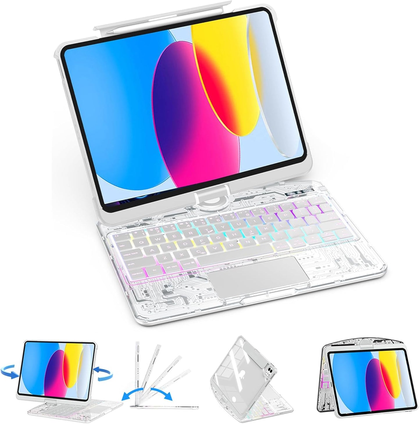 TSQQST Clear Wireless Keyboard Case for iPad (A16) 11th Generation 11-inch 2025/ iPad 10th Generation 10.9-inch 2022 with Pencil Holder & Multi-Touch Trackpad, 7-Color Backlight, 360 Rotatable, White