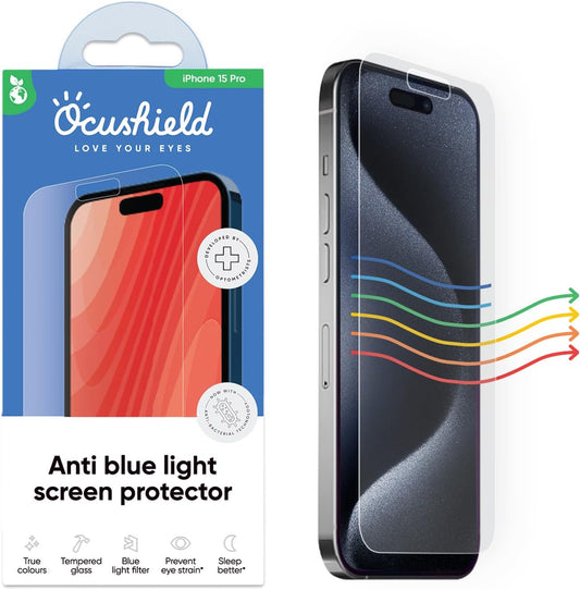 Ocushield Anti Blue Light Tempered Glass Screen Protector for iPhone 15 Pro (6.1") - Protect Your Eyes, Reduce Migraines & Improve Sleep