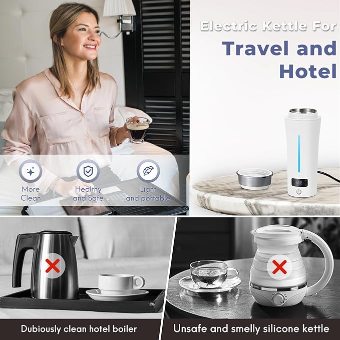 Dual Voltage Travel Kettle, 110-240V Portable Electric Kettle with LCD Display, 4 Temperature Settings, 4 Colors LED for Global Use (350ML)