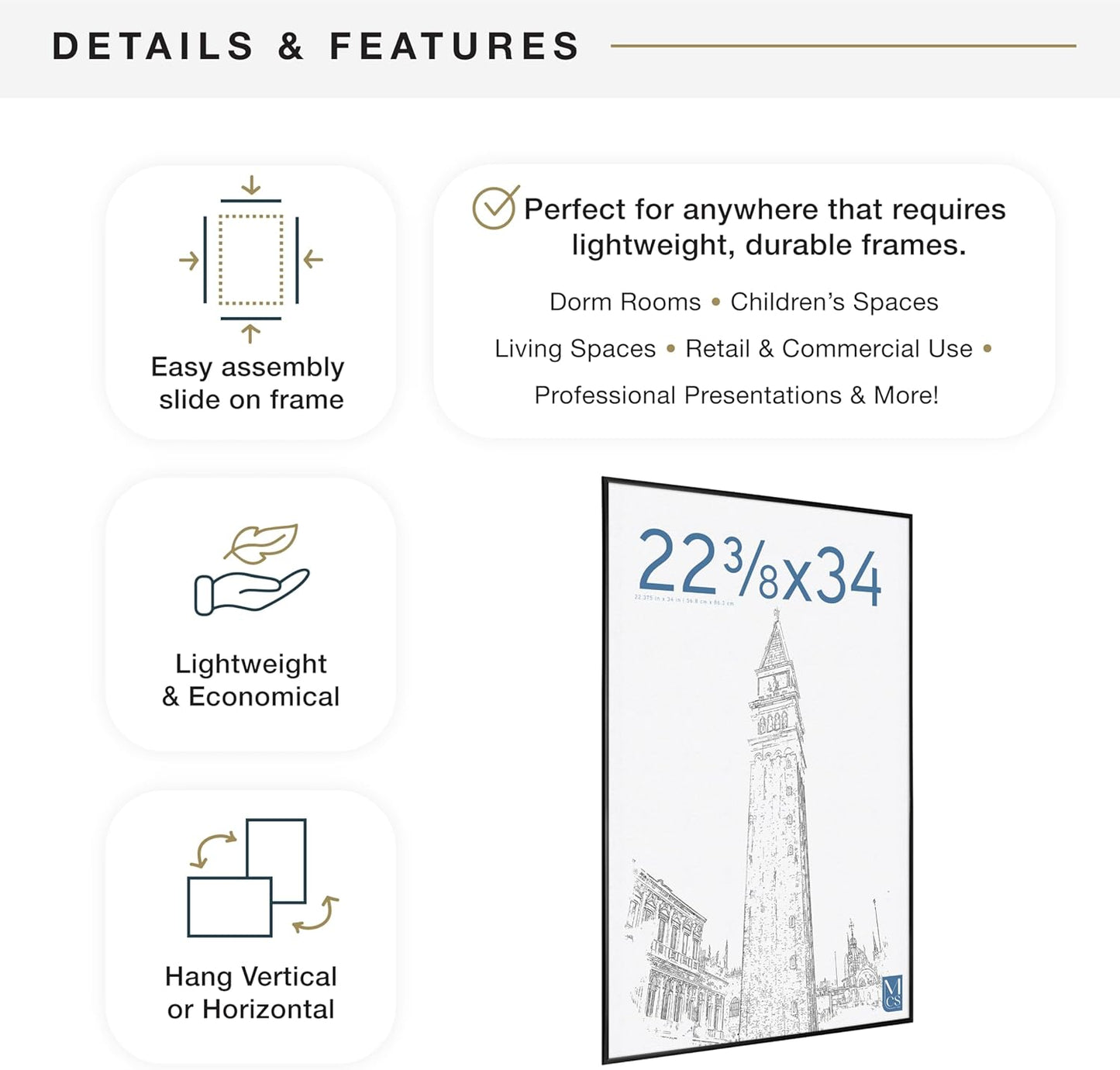 MCS Original Poster Frame 22.375x34 Black Lightweight Vertical & Horizontal Wall Hanging Large Picture Frame for Posters, Art Prints & Gallery Wall (1-Pack)