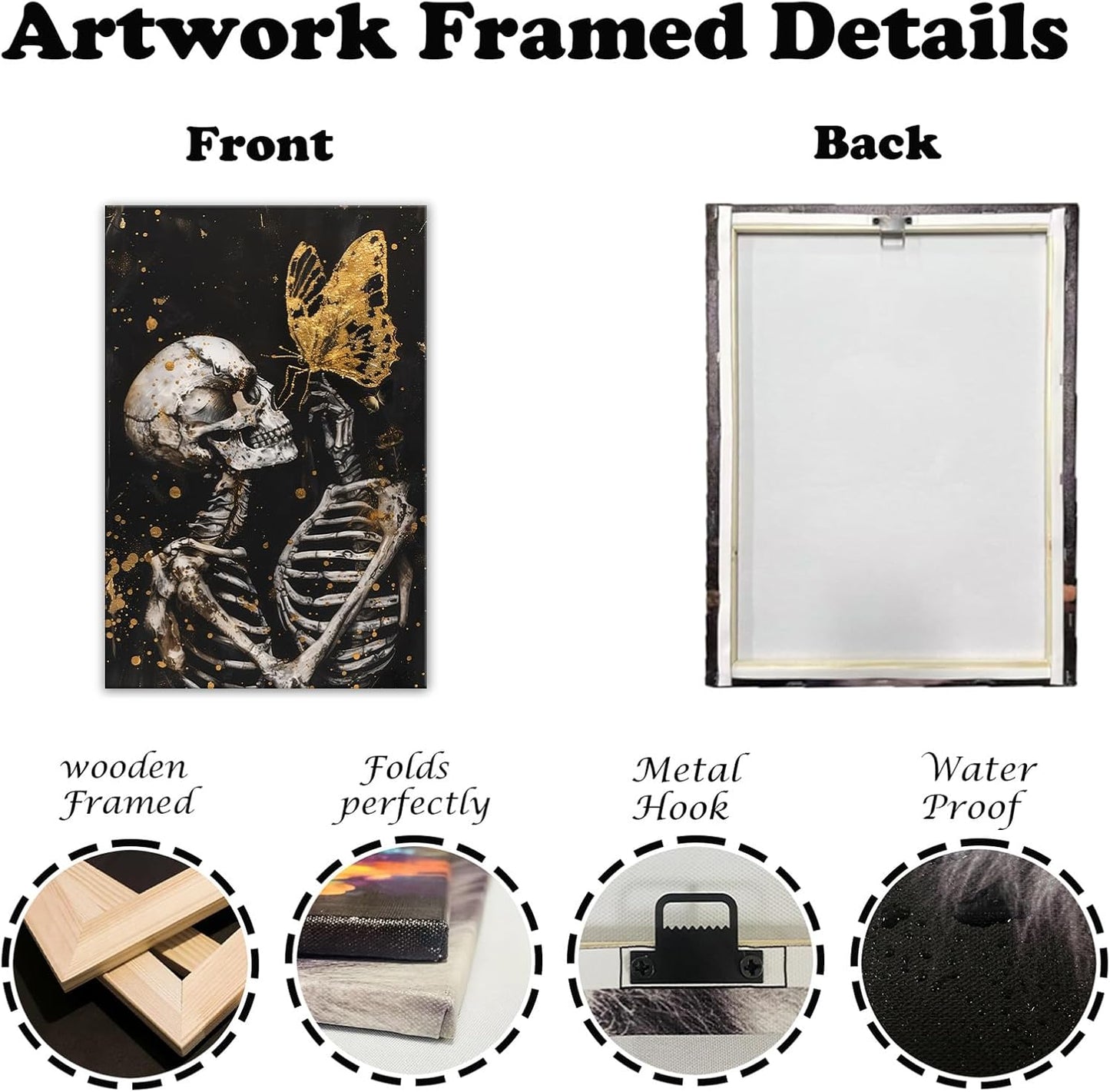 OAAPITI Skull Wall Art Skull and Gold Butterfly Canvas Print Abstract Modern Gothic Artwork for Bedroom Dark Art Decor(Artwork-7,20"x30")
