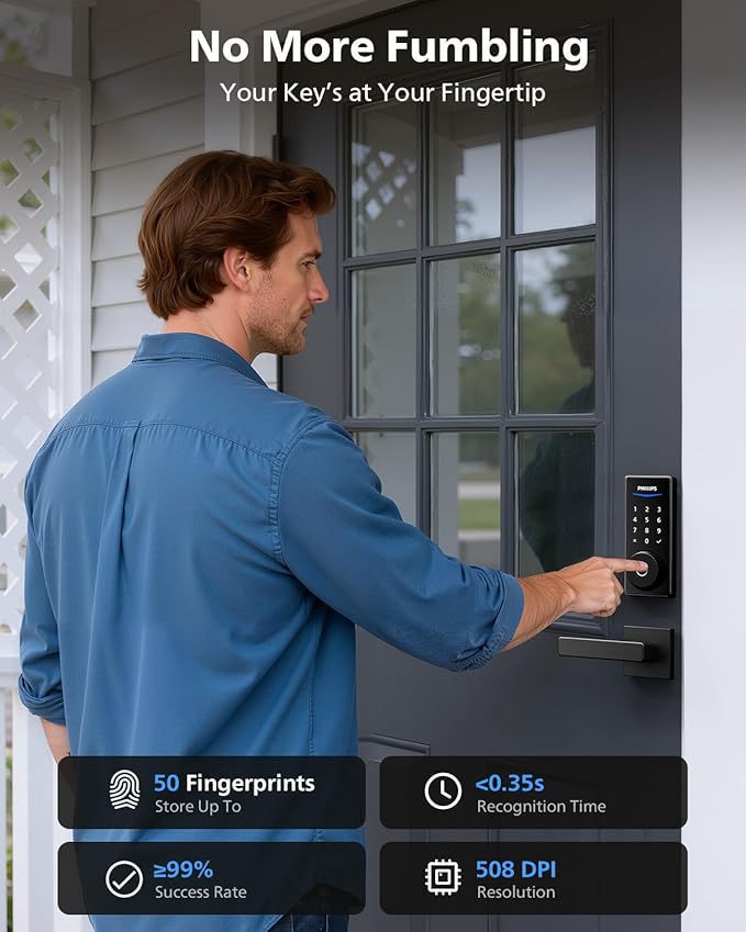 Philips Wi-Fi Smart Lock with Handles, WiFi Keyless Entry Front Door Lock Set, Keypad Deadbolt with Handle App Fingerprint Code Unlocking, Auto Locking, Built-in WiFi, Remote Control & Voice Unlock