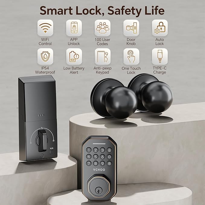 Keyless Entry Door Lock Set WiFi Smart App Control Door Lock for Front Door Keypad Deadbolt with 2 Knobs Auto Lock One Time Codes Easy Install, Bronze