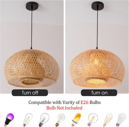 23.6" Bamboo Pendant Light Hand-Woven Rattan Hanging Lamp Boho Bamboo Chandelier for Dining Living Bedroom Kitchen Farmhouse