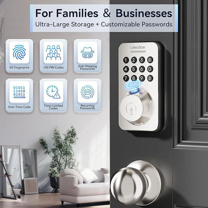 Keyless Entry Door Lock with Handle Set - Built-in WiFi, App Control & Doorbell, Electronic Keypad Deadbolt with One-Time Code, Auto-Locking, Easy to Install, Satin Nickel