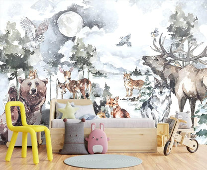 Boys or Girls Cartoon Watercolor Animals wallpeper Nursery Kids Bedroom Wall Mural - 91"x65"（Not Peel and Stick）