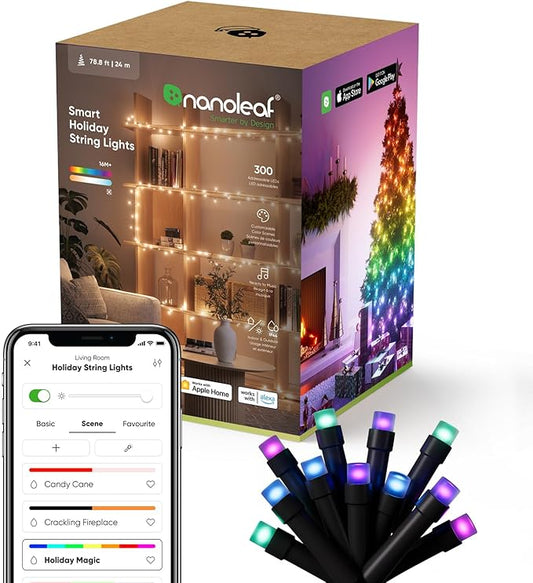 Nanoleaf Smart String Lights, 300 LED RGBW Indoor Christmas Lights, Matter Bluetooth & WiFi Multicolor LED Lights, App & Voice Control, Works with Apple Home, Google Home