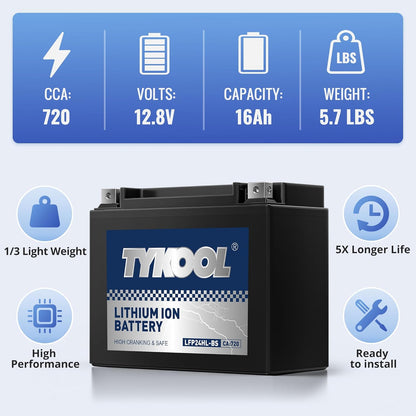 YTX24HL-BS High Performance Lithium LiFePO4 Motorcycle Battery, 720CCA,16Ah,2X Cranking Power,5X Service Life, Digital Readout,Competible for ATV,Motorcycle,Snowmobile, riding lawn Mower