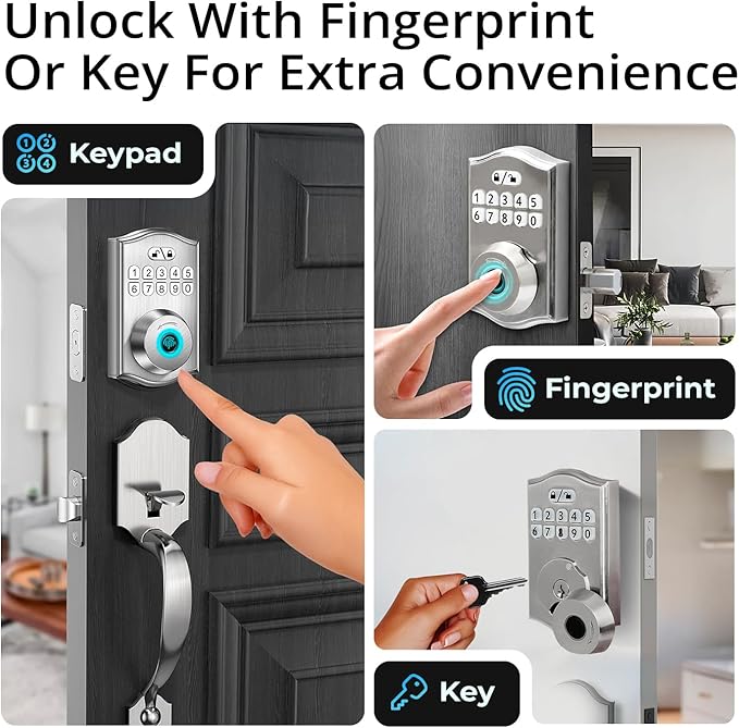 Keypad & Fingerprint Keyless Entry Front Door Lock with Handle Set, Digital Electronic Deadbolt Code Lock for Exterior Door, Auto Lock, One Time Code, Anti Peeping, Holiday & Silent Mode
