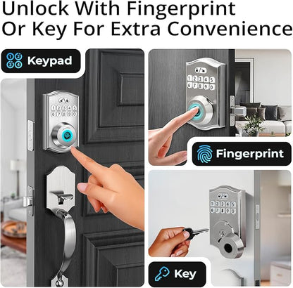 Keypad & Fingerprint Keyless Entry Front Door Lock with Handle Set, Digital Electronic Deadbolt Code Lock for Exterior Door, Auto Lock, One Time Code, Anti Peeping, Holiday & Silent Mode