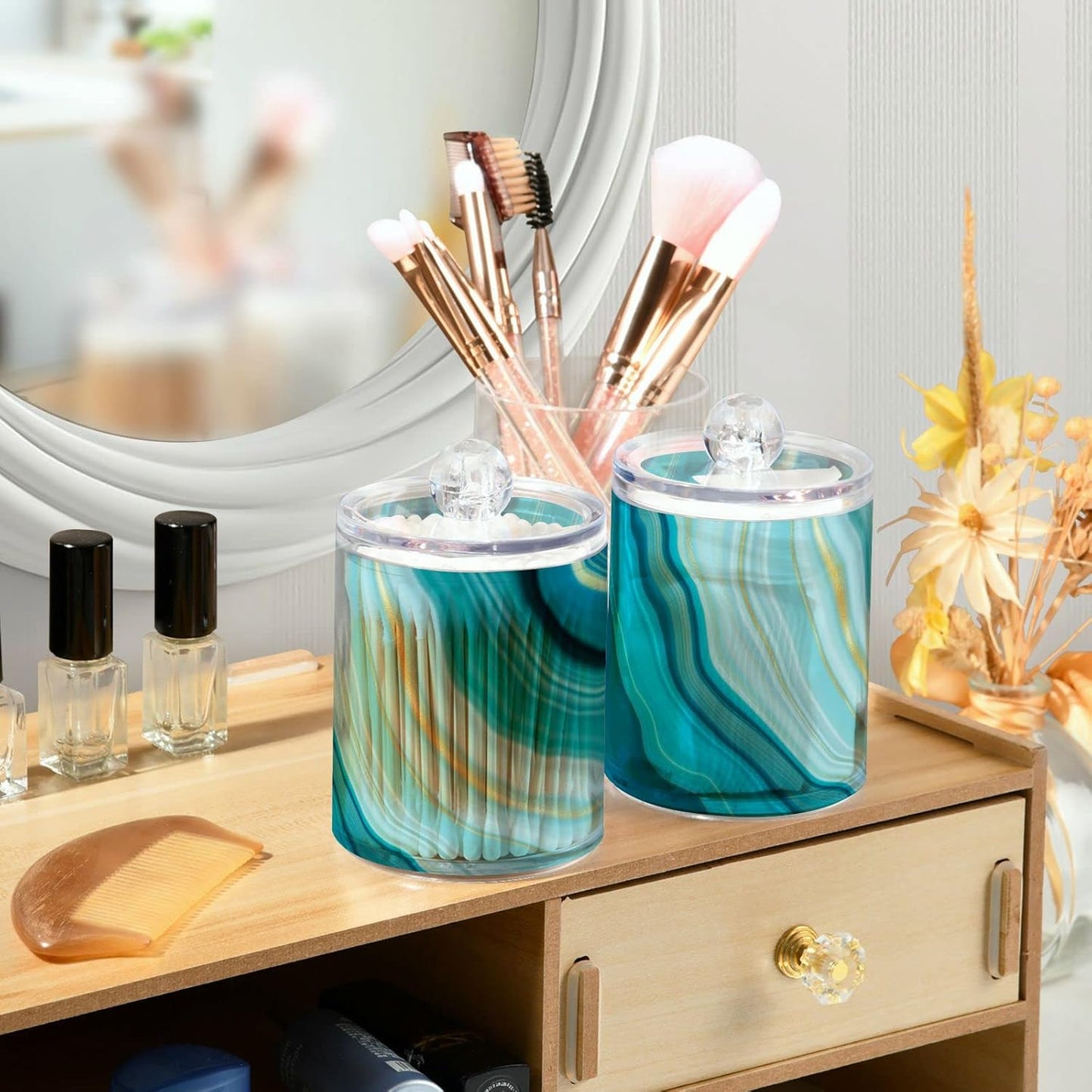 2 Pack Qtip Holder Dispenser Teal Turquoise Blue Marble Bathroom Storage Canister Lid Acrylic Plastic Apothecary Jar Set Vanity Makeup Organizer for Cotton Swab/Ball/Round Pads, Floss