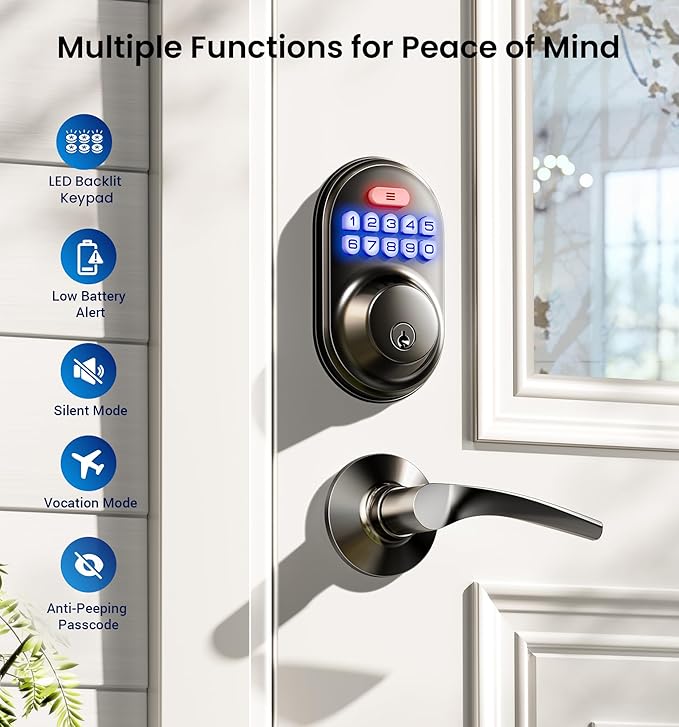 Veise Keyless Entry Door Lock with 2 Lever Handles - Electronic Keypad Deadbolt, Auto Lock, Back Lit & Easy Installation Design, Front Door Handle Sets, Matte Black