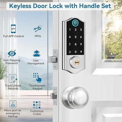 Harfo Fingerprint Smart Door Locks for Front Door with Handle Set, App Control, Keyless Entry Door Lock Keypad Deadbolt, Bluetooth Digital Electronic Touchscreen, Easy Install, Auto Lock, Satin Nickel