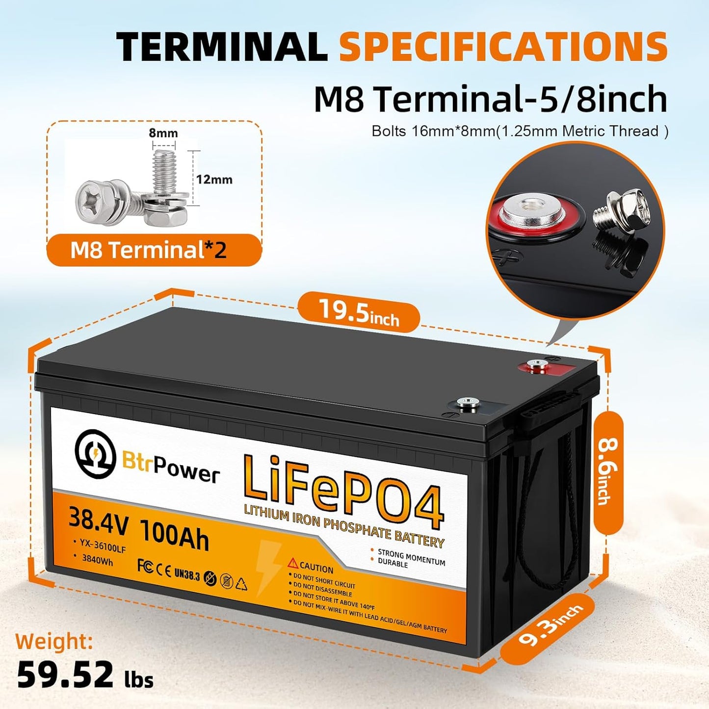 36V 100Ah LiFePO4 Battery, Built-in 100A BMS,3840Wh Lithium Battery,4000-15000 Deep Cycles & 10-Year Lifetime, Perfect for Marine, RV, Marine, Trolling Motor, Solar Off-Grid System