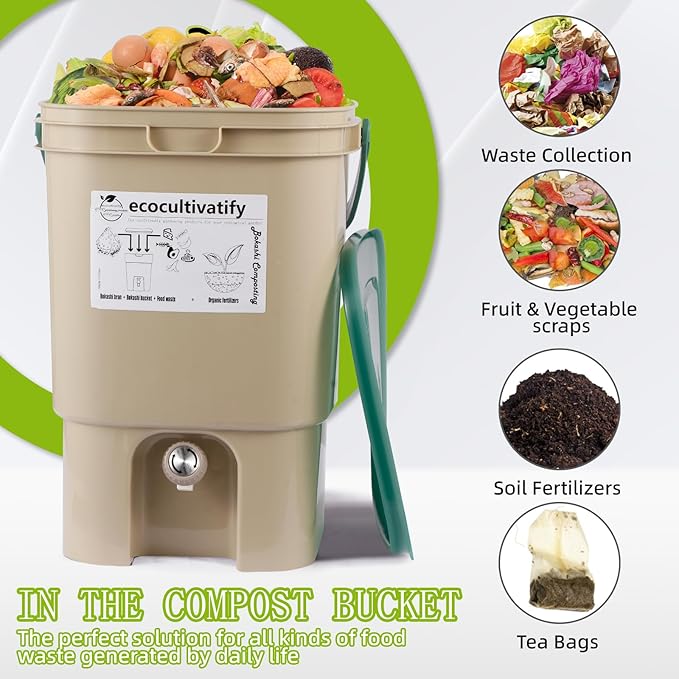 20L Bokashi Bucket with Air Sealing Lid, 5.28 Gallon Compost Bin, Kitchen Composter with Bran, Kitchen Compost Pail, ecocultivatify Bokashi Kit Set with Starter (Tan & Dark Green)