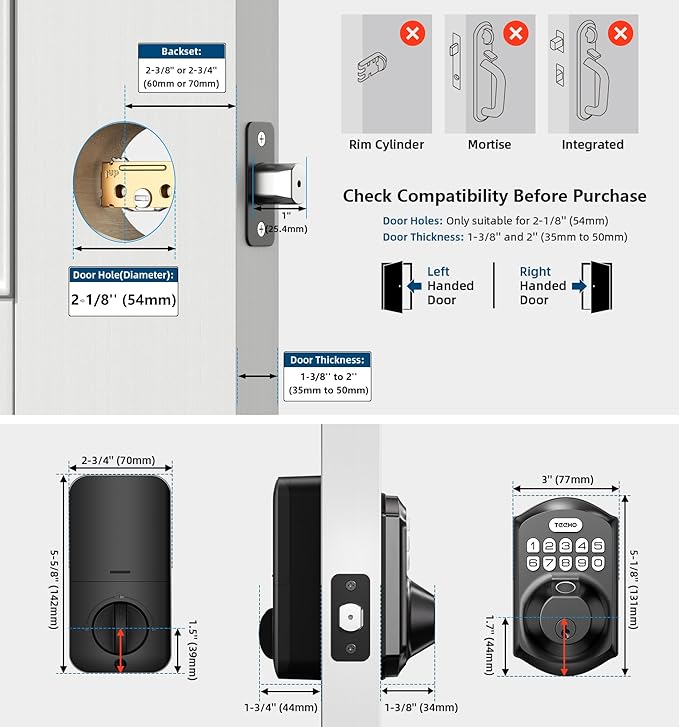 TEEHO TE002 Fingerprint Door Lock - Keyless Entry Electronic Keypad Deadbolt with 2 Backup Keys - Auto Lock - Easy Installation - Smart Locks for Front Door - Matte Black