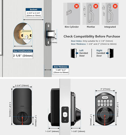 TEEHO TE002 Fingerprint Door Lock - Keyless Entry Electronic Keypad Deadbolt with 2 Backup Keys - Auto Lock - Easy Installation - Smart Locks for Front Door - Matte Black
