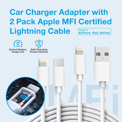 MOCA 38W Fast Car Charger, Dual Port USB C Power Delivery All Metal Lighter PD/ QC3.0 Car Charger with 2 Pack PD Lightning Cord Quick Charging for iPhone 16 15, Samsung Galaxy S25 S24, Pixel, Android