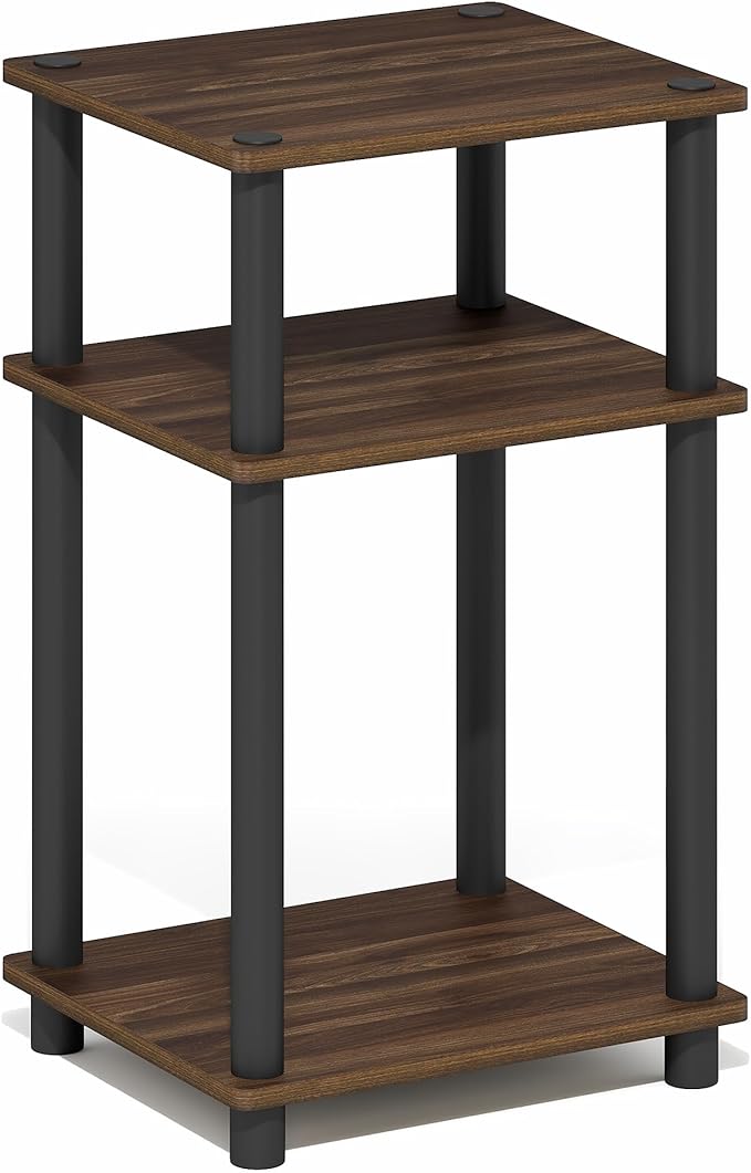 Furinno Turn-N-Tube Side Table, 3-Tier End Table with Open Shelf, Toolless Assembly Night Stand, Bedside Table, for Living Room, Bedroom, Brown Walnut