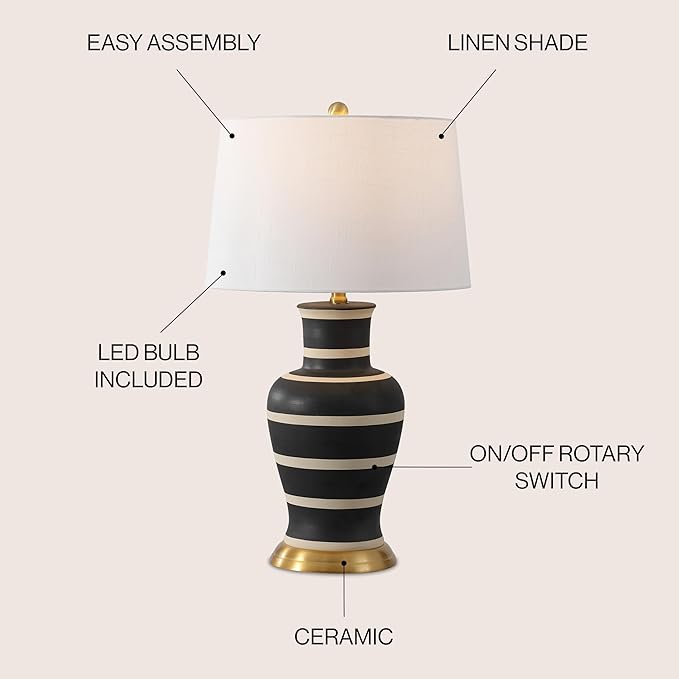 JONATHAN Y 29" Black/Beige Traditional Ceramic Urn LED Table Lamp for Bedroom Decor, White Linen Drum Shade, Classic Nightstand Lamp for Living Room, LED Bulb Included (JYL4026J)