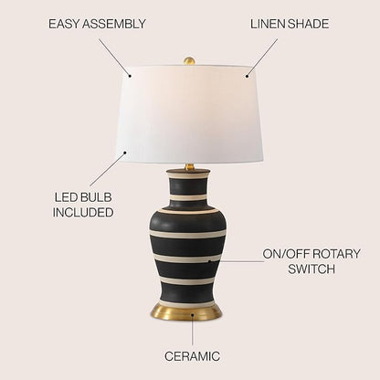 JONATHAN Y 29" Black/Beige Traditional Ceramic Urn LED Table Lamp for Bedroom Decor, White Linen Drum Shade, Classic Nightstand Lamp for Living Room, LED Bulb Included (JYL4026J)