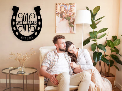 Personalized Horseshoe Metal Sign with Initial and Family Name, Custom Monogram Horseshoe Metal Sign, Horseshoe Metal Wall Art Last Name Sign Equestrian Horse Lover Gift Horseshoe Living Room Decor
