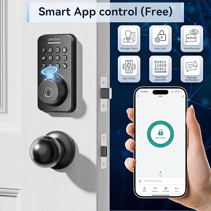 Fingerprint Keypad Deadbolt with Handle Set, Keyless Entry Door Lock, Door Locks for Front Door Lock Set, App Control, Auto Locking, Easy to Install, Matte Black