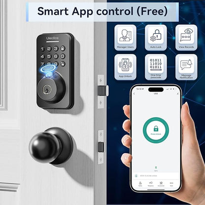 Fingerprint Keypad Deadbolt with Handle Set, Keyless Entry Door Lock, Door Locks for Front Door Lock Set, App Control, Auto Locking, Easy to Install, Matte Black