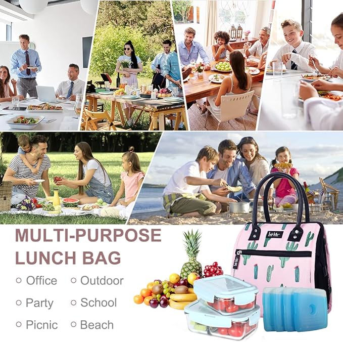 Nicole Miller Insulated Lunch Bag Tote Thermal Soft Side Wide-Open Cooler Ice Bag Lunch Box for Food with Drink Bottle Holder