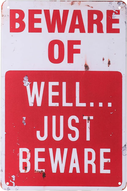 Alotpower Halloween Decorations Metal Tin Sign for Outdoor Yard, Garage Wall, Rustic Vintage Beware of Well Just Beware, 7.8x11.8in