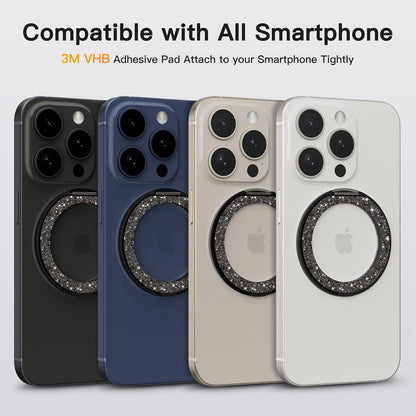 COOLQO 1Pc 360 Spin Cell Grip Ring Phone Stand [Upgrade Gear Hinge Stress Relief] Magnetic Holders for Your car Accessories Desk Mount Compatible with iPhone All Smartphone, Glitter Black