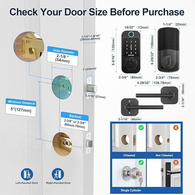 Keyless Door Lock with Handle Set - SMONET WiFi Fingerprint Smart Locks for Front Door, App Remote Control, Digital Bluetooth Keypad Deadbolt Set with Alexa, Auto Lock, Code, Fobs for Home Black