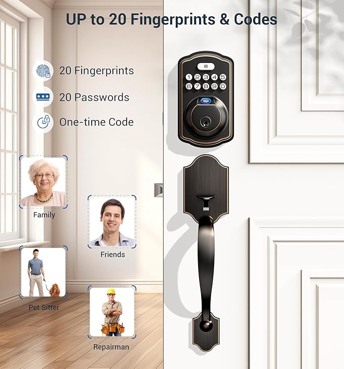 Veise Fingerprint Door Lock Set, Keyless Entry Door Lock, Front Handle Set, Electronic Keypad Deadbolt with Lever Handle, 2 Keys, Auto-Locking, One-time Codes, Easy to Install, Oil Rubbed Bronze