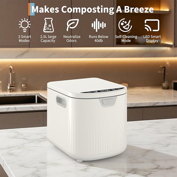2.5 L Electric Composter Countertop, 3 Modes Kitchen Smart Compost Bin with Auto Cleaning, LED Display, Turns Kitchen Waste into Dry Manure, Low Noise Food Waste Compost Machine