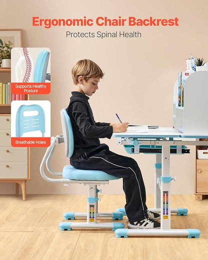 VEVOR Kids Study Chair and Desk Set, Study Desk and Chair for Kids with Bookshelf & Storage Drawer, Adjustable Height & 0-40 Tilted Desktop, Blue