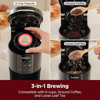CUCKOO Single Serve Coffee Maker for K-Cup Ground Beans & Loose-Leaf Tea, Versatile 3-in-1 Pod Coffee Maker, Small Single Cup Machine with 5 Sizes and Auto-Clean Mode (CCM-AK011B)