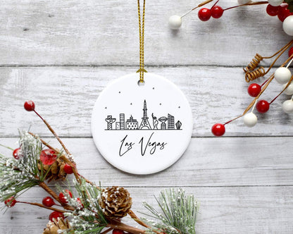 Andaz Press Round Ceramic Porcelain Christmas Tree Ornament Keepsake, Las Vegas Black and White Stars City Skyline Graphic, 1-Pack, Birthday Gift Idea for Family, Coworker, Him, Her, Includes Gift Box