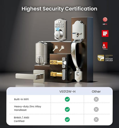 Veise VE012W-H WiFi Smart Front Door Lock Set, Built-in WiFi, App Remote & Voice Control, Fingerprint Keyless Entry Smart deadbolt with Handle, Backlit Keypad, Auto Lock, IP55 Waterproof, Satin Nickel