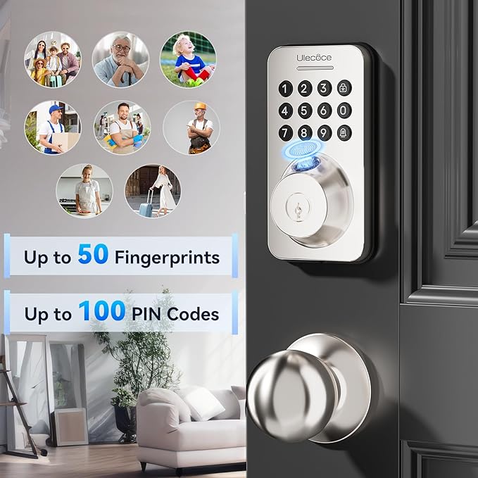 Fingerprint Keypad Deadbolt with Handle Set, Keyless Entry Door Lock, Door Locks for Front Door Lock Set, App Control, Auto Locking, Easy to Install, Satin Nickel