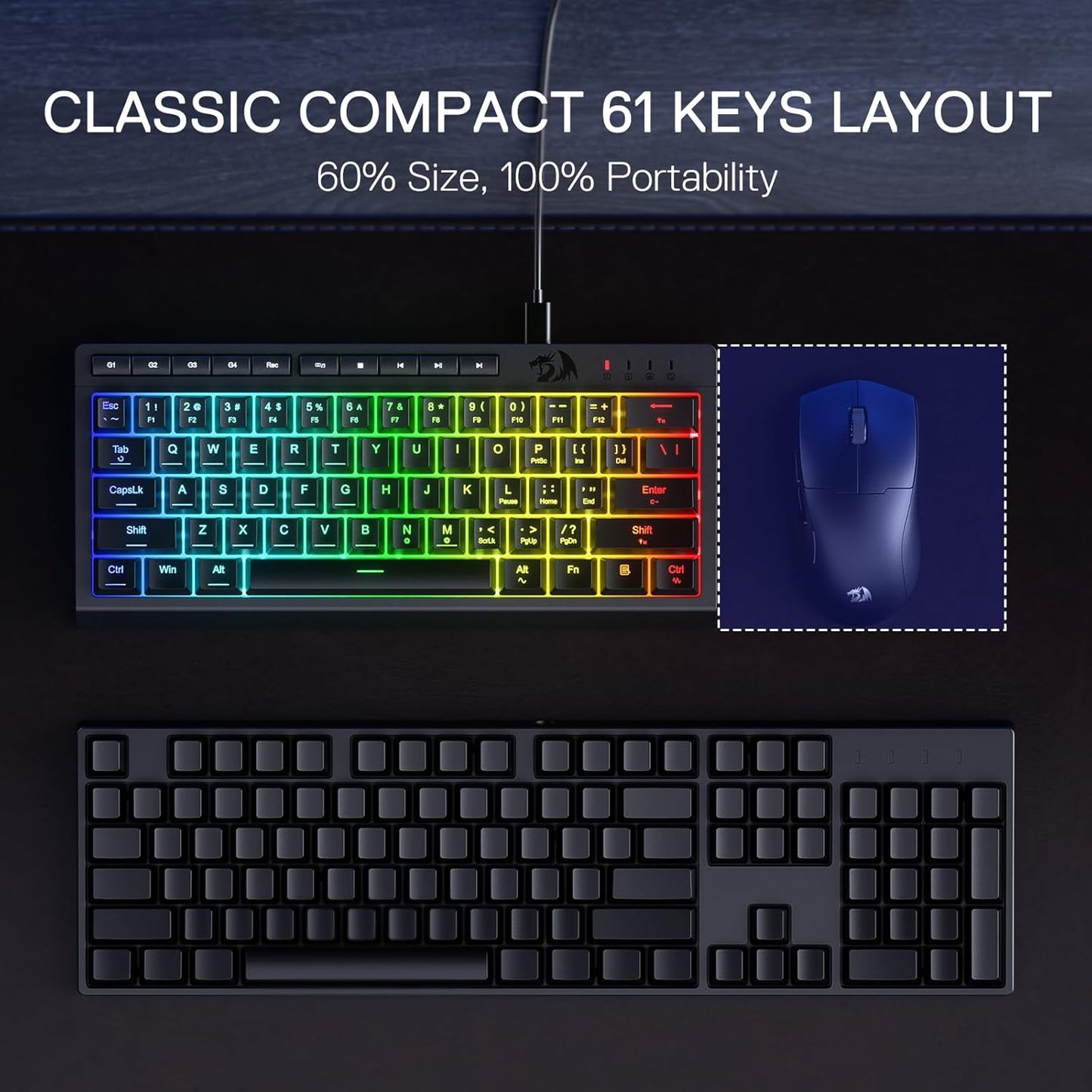 Redragon K522 60% Wired RGB Membrane Gaming Keyboard, Compact 61 Keys Linear Mechanical-Feel Switch Keyboard w/ 4 Extra On-Board Macro Keys & Media Control Keys