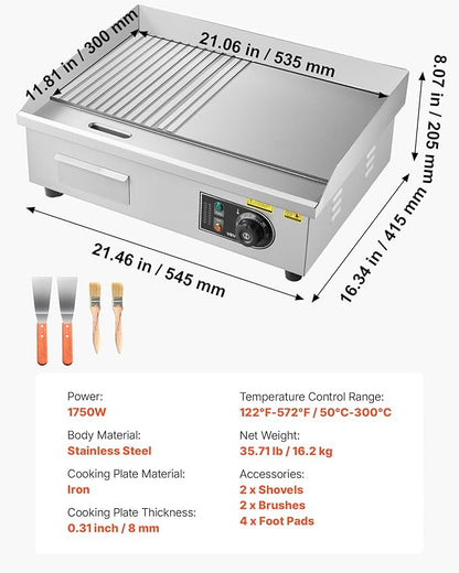 VEVOR Commercial Electric Griddle, 21.06 x 11.81 inch, 1750W, 122-570°F Adjustable Temp Control, Stainless Steel Body, Half Grooved Half Flat, with 2 Spatulas, 2 Brushes, and 4 Foot Pads, for Steak