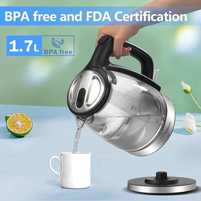 Glass Electric Kettle,1.7L Hot Water Boiler LED Lights, Comfy Touch Handle Wide Opening Cordless Tea Heater for making Tea Coffee (12872)