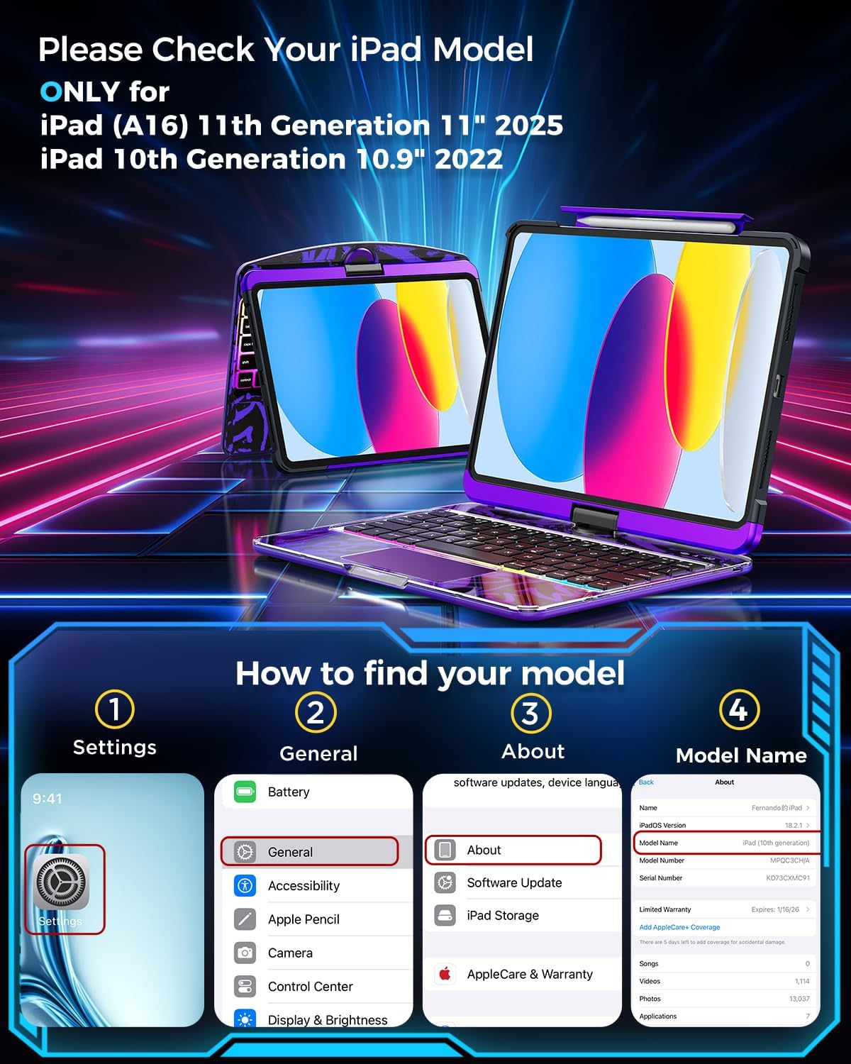 TSQQST Clear Wireless Keyboard Case for iPad (A16) 11th Generation 11-inch 2025/ iPad 10th Generation 10.9-inch with Pencil Holder & Multi-Touch Trackpad, 7-Color Backlight, 360 Rotatable, Purple