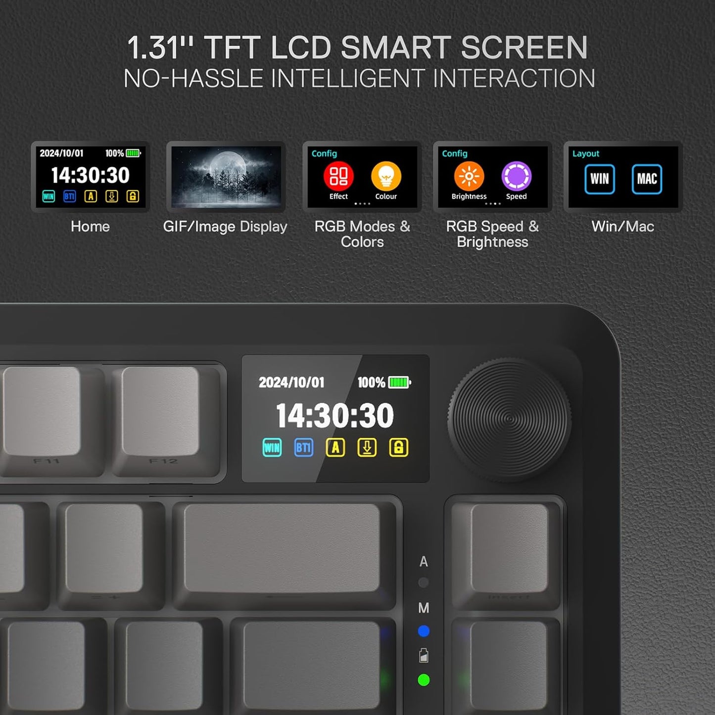 Redragon K724 PRO Wireless Gasket Gaming Keyboard w/Hype 1.14’’ TFT Screen & Knob, 81-Key 75% Mechanical Keyboard, 5-Layer Noise Dampening, Hot-Swap South-Facing RGB Socket, Gradient PBT Keycaps