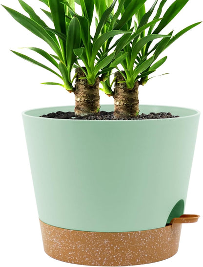 Self Watering Pots for Indoor Plants,12 inch Planters with Drainage Holes Plastic Flower Pots with Deep Reservoir, Green with Brown