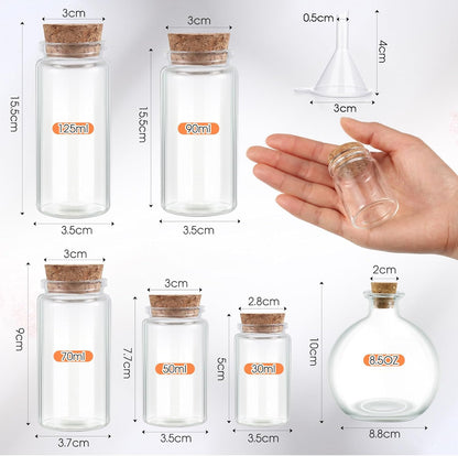 12 Pcs Halloween Glass Potion Bottle with Corks 6 Size Assorted Mini Glass Bottle Clear Message Jars with 2 Funnels for Halloween Decoration Party Favor Costume Prop DIY Crafts Witchcraft Supplies