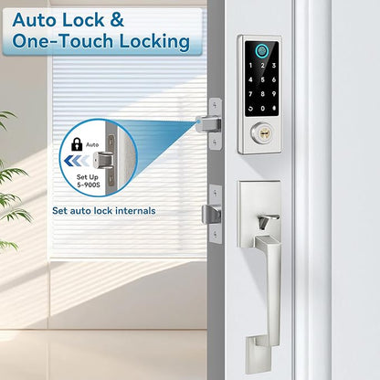 Fingerprint Door Lock with Handle Sets, BEBASIA Keyless Entry Door Lock, Bluetooth Front Door Lock Set, Smart Deadbolt, Electronic Keypad Digital Deadbolt with Handle, Satin Nickel