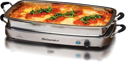 Elite Gourmet EWM-9933 Triple 3 x 2.5 Quart Trays Buffet Server 7.5 Qt Oven Safe Pan Food Warmer, Temperature Control, Clear Slotted Lids, Perfect for Parties, Entertaining & Holidays, Stainless Steel